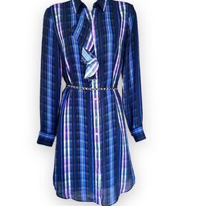 Banana Republic XS Plaid Long-Sleeve Button-Up Dress Blue & Purple
